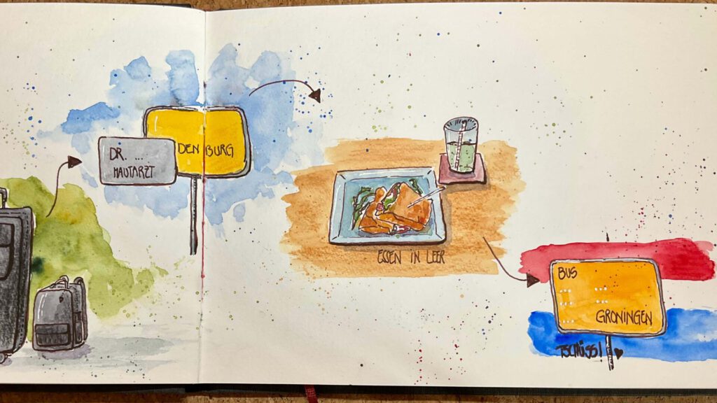 Zu sehen ist ein aufgeschlagenes Skizzenbuch, in dem ein Teller und ein Glas sowie ein Busanzeigenschild mit Aquarellfarben und Buntstiften gemalt wurden